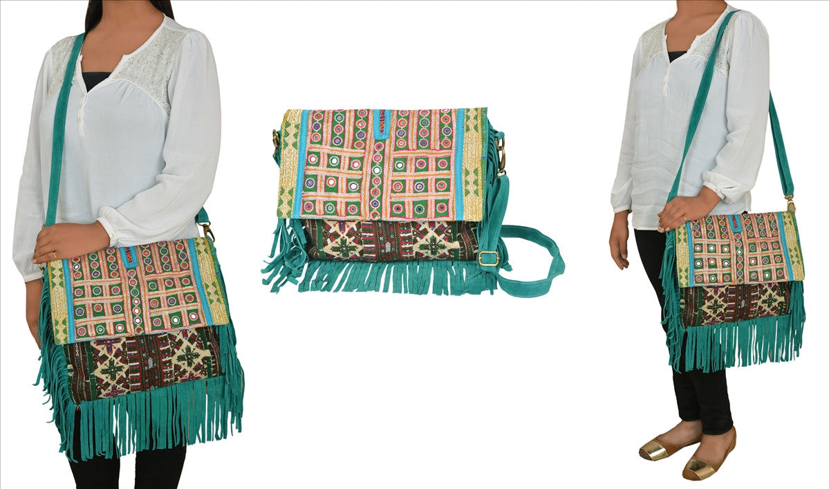 Sanskriti Vintage Pure Leather Style Handbag Handmade Hand Embroidered Carry Bag Shoulder Bag