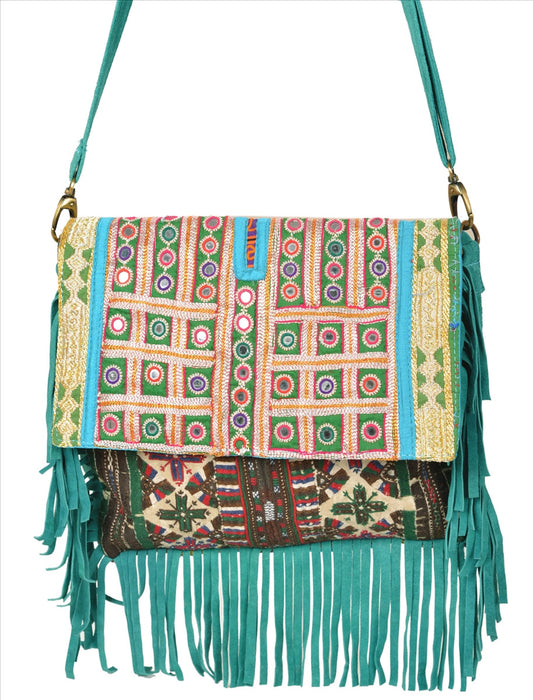 Sanskriti Vintage Pure Leather Style Handbag Handmade Hand Embroidered Carry Bag Shoulder Bag