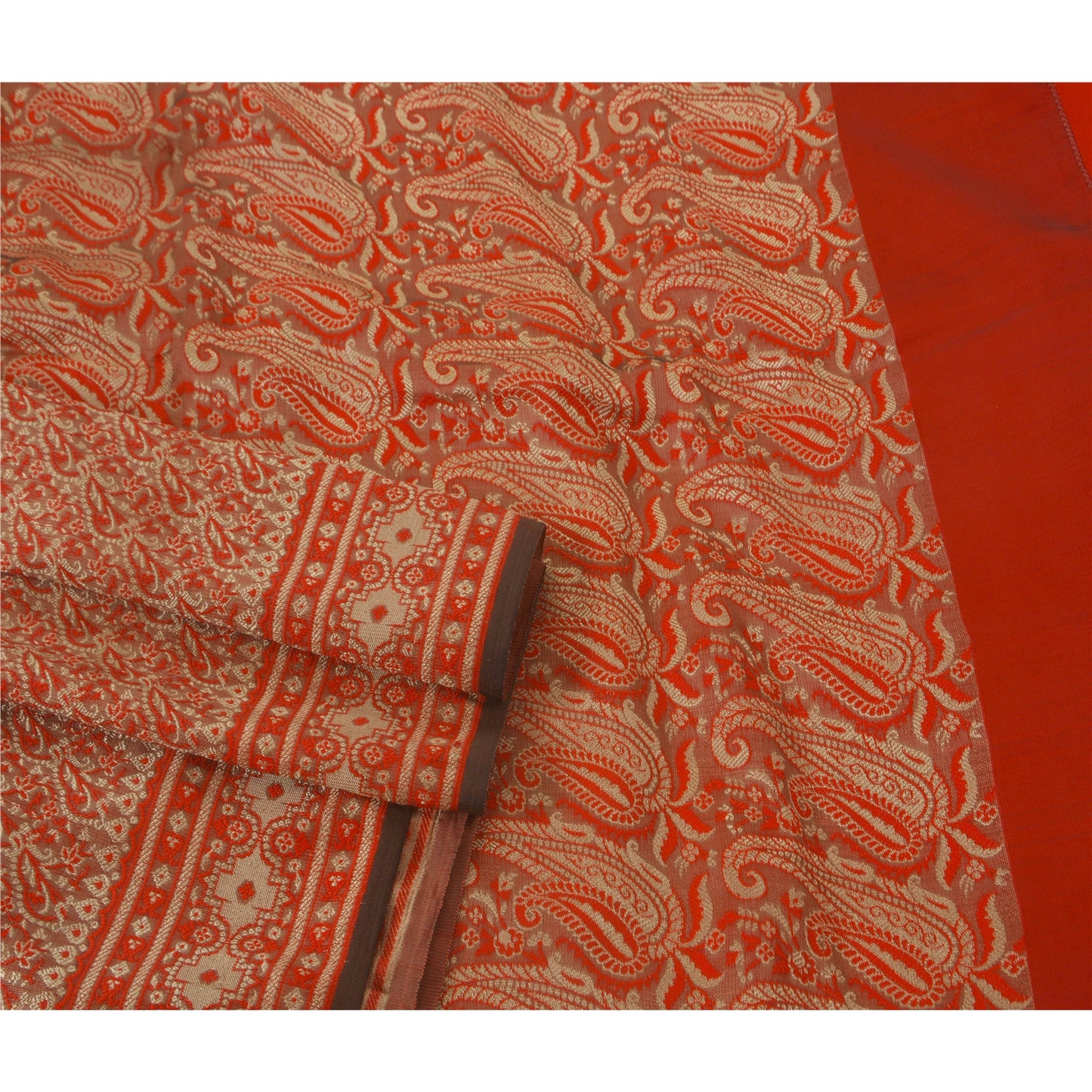 Sanskriti Vintage Red Heavy Saree Blend Silk Woven Banarasi Brocade Fabric Craft Cultural Sari