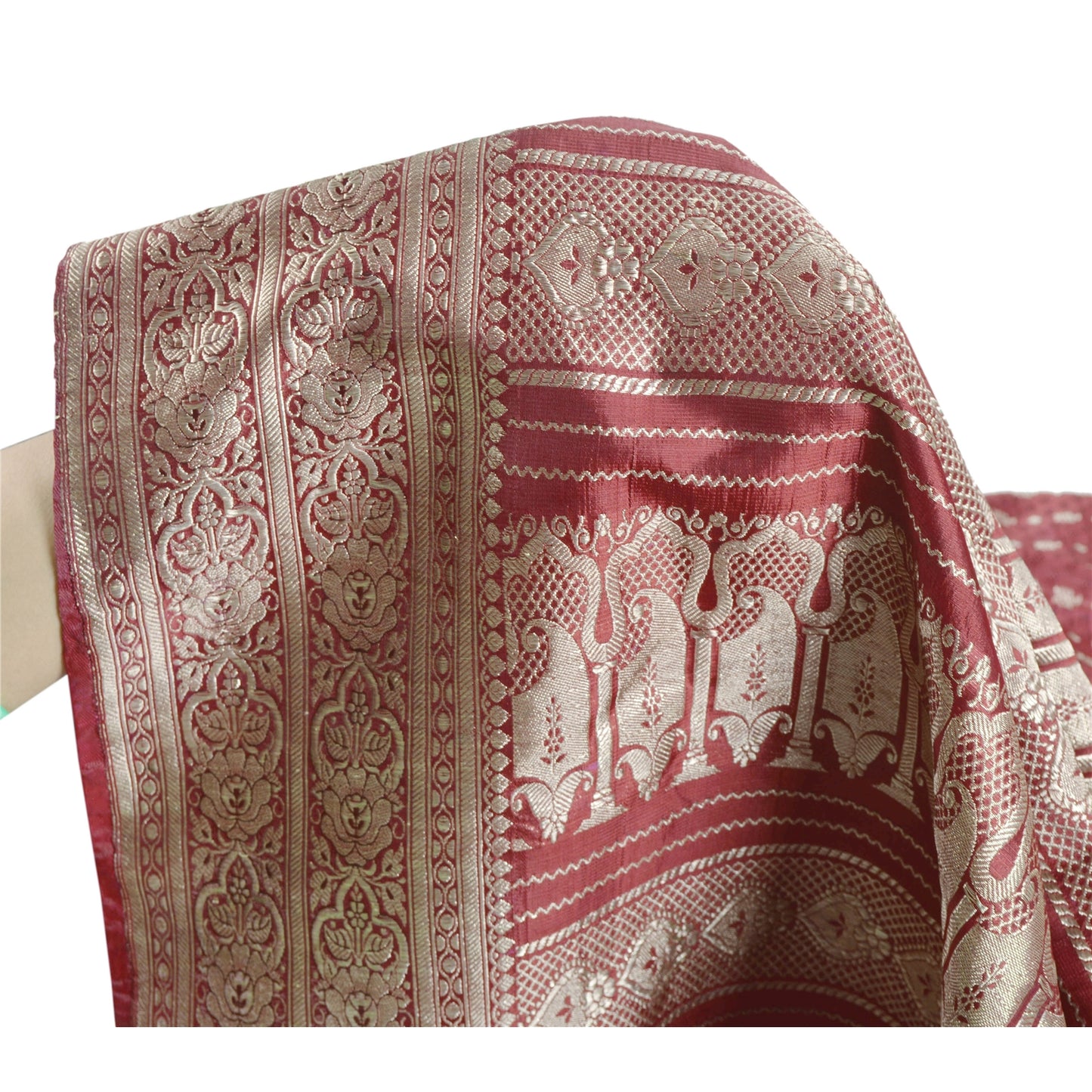 Sanskriti Vintage Dark Red Heavy Saree Satin Woven Brocade/Banarasi Sustainable Fabric Sari
