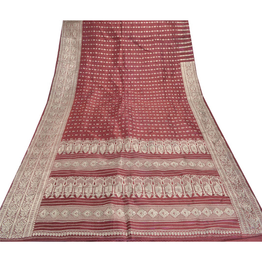 Sanskriti Vintage Dark Red Heavy Saree Satin Woven Brocade/Banarasi Sustainable Fabric Sari