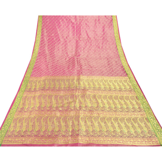 Sanskriti Vintage Pink Heavy Saree Pure Satin Silk Woven Brocade Sustainable Fabric Sari