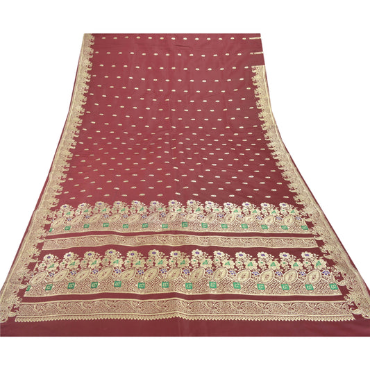 Sanskriti Vintage Dark Red Heavy Saree Satin Woven Brocade/Banarasi Sustainable Fabric Sari