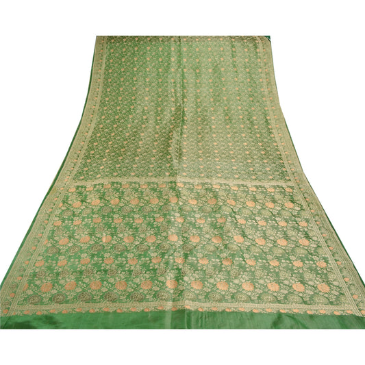Sanskriti Vintage Indian Heavy Saree Pure Satin Silk Green Banarasi Woven Sustainable Fabric Sari