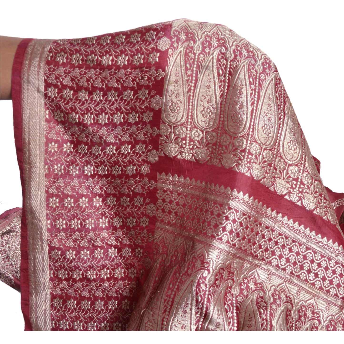 Sanskriti Vintage Dark Red Heavy Saree Pure Satin Silk Woven Brocade/Banarasi Sustainable Fabric Sari