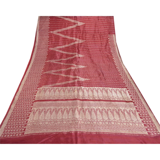 Sanskriti Vintage Dark Red Heavy Saree Pure Satin Silk Woven Brocade/Banarasi Sustainable Fabric Sari