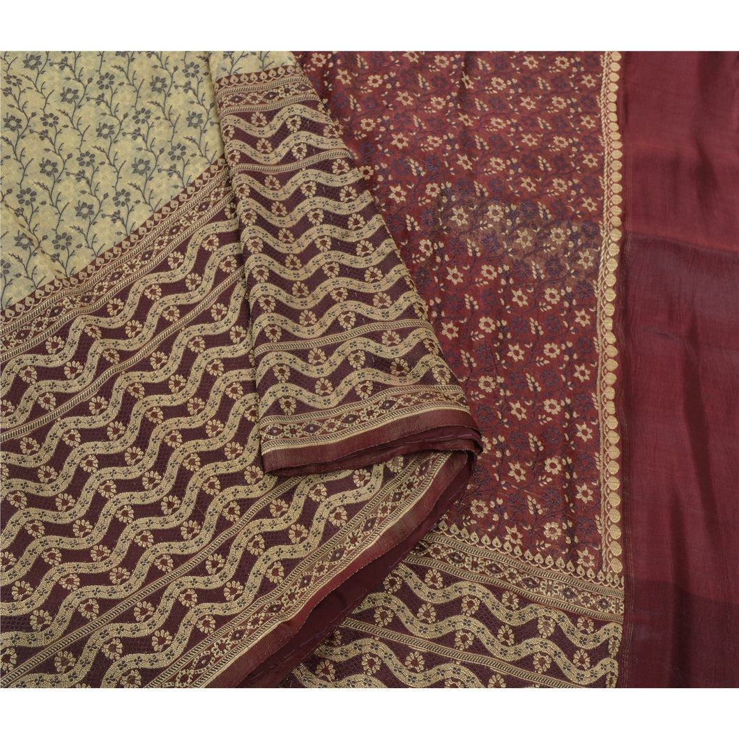 Sanskriti Vintage Ethnic Heavy Saree Pure Satin Silk Cream Woven Fabric Sari