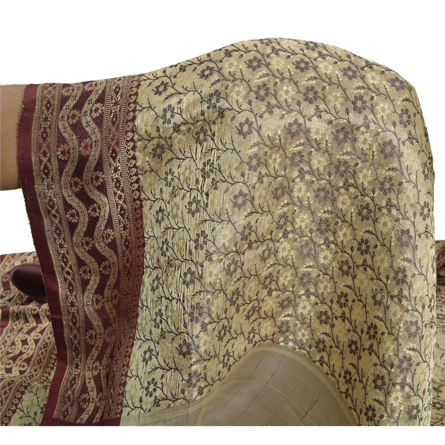 Sanskriti Vintage Ethnic Heavy Saree Pure Satin Silk Cream Woven Sustainable Fabric Sari