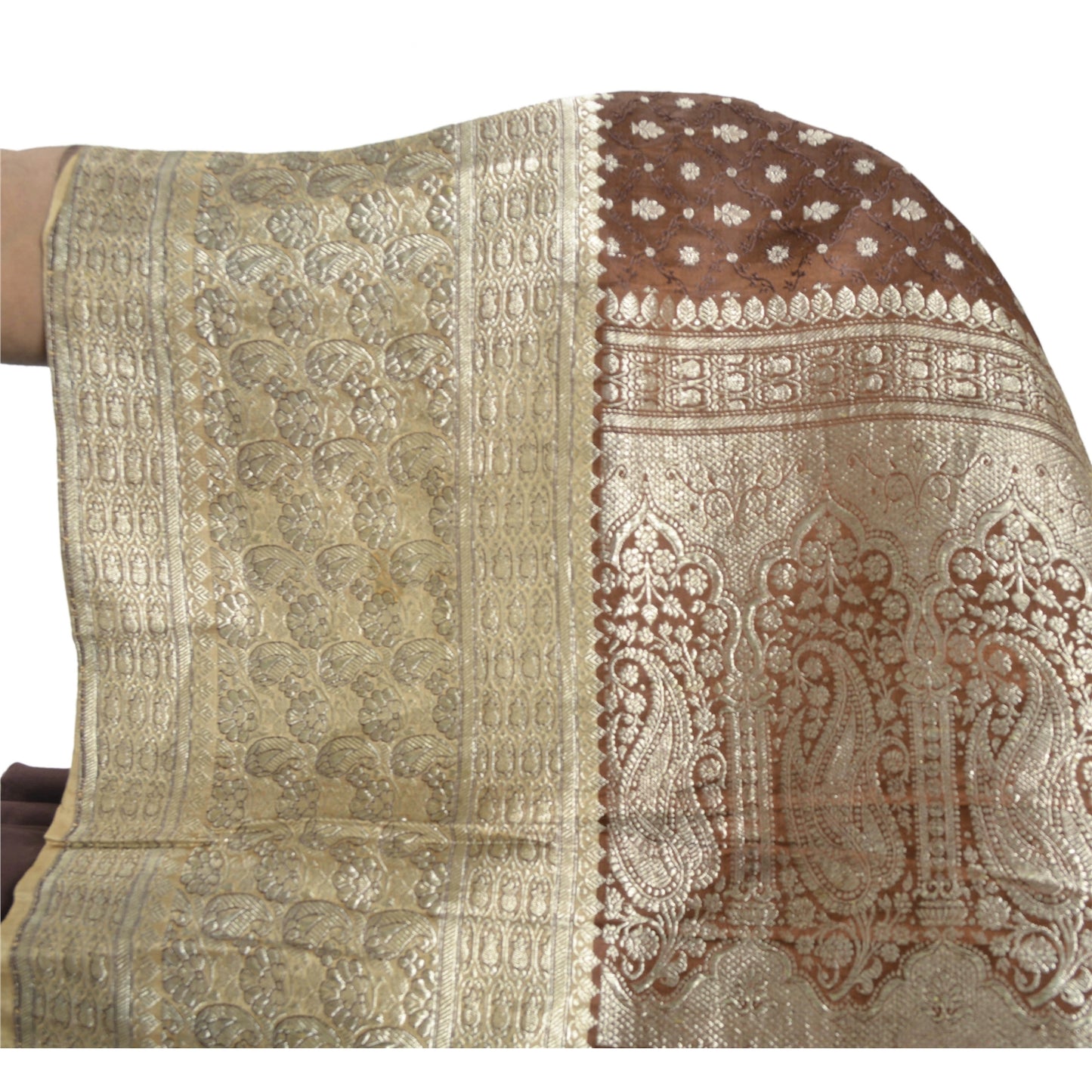 Sanskriti Vintage Heavy Brown Saree Pure Silk Woven Brocade Zari Sari Sustainable Fabric