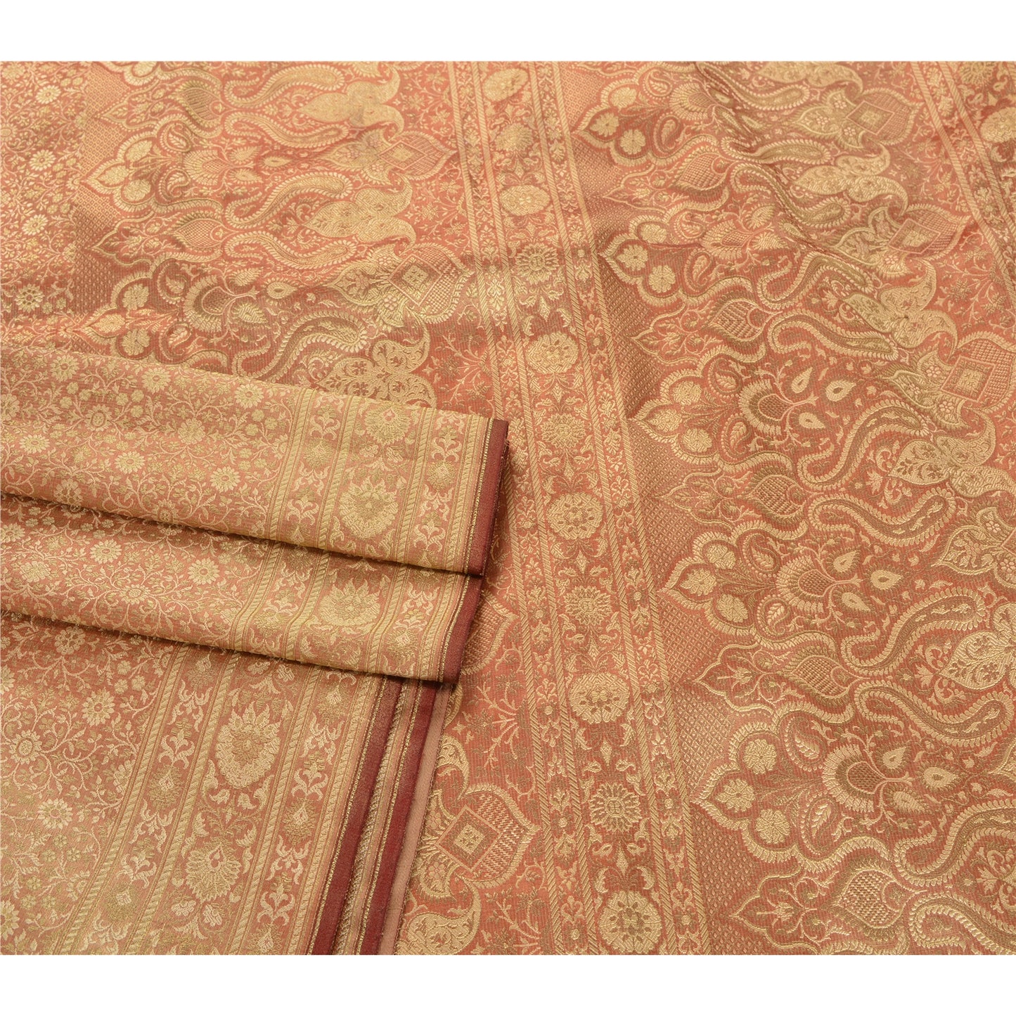 Sanskriti Vintage Heavy Wedding Sari Satin Pink Banarasi Woven Brocade Sarees Sustainable Fabric