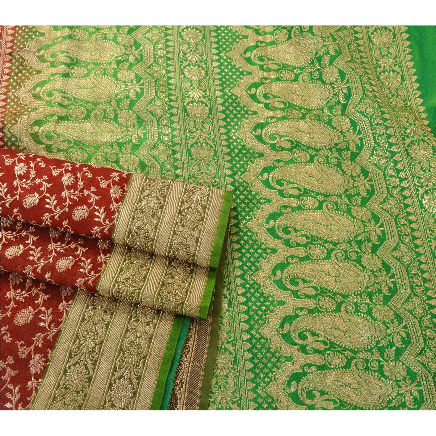 Sanskriti Vintage Red Heavy Saree Blend Silk Woven Banarasi Brocade Sustainable Fabric Sari