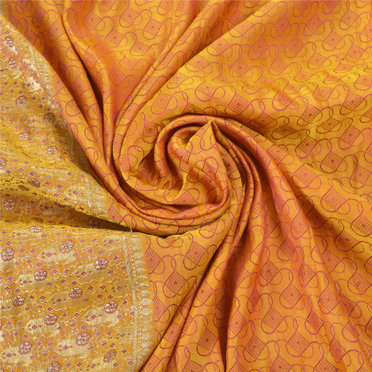 Sanskriti Vintage Heavy Sarees Pure Satin Silk Saffron Woven Brocade Sari Sustainable Fabric