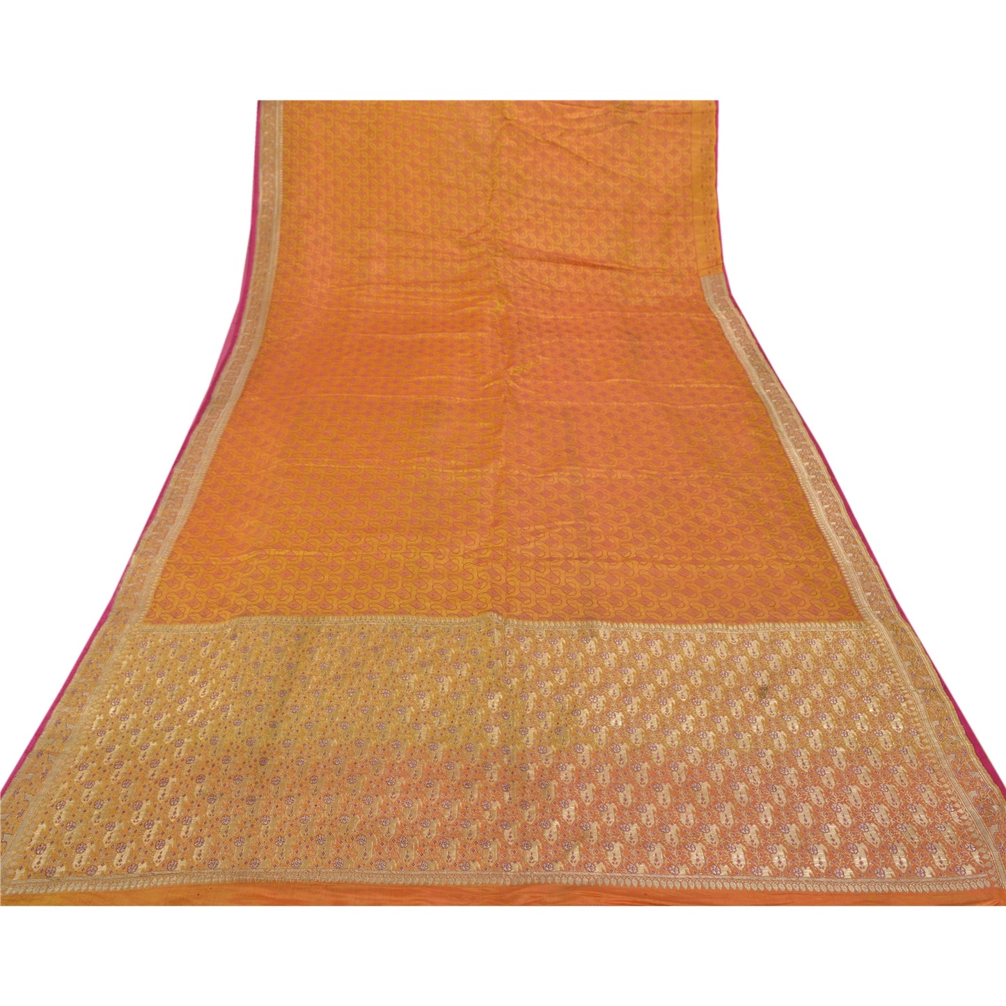 Sanskriti Vintage Heavy Sarees Pure Satin Silk Saffron Woven Brocade Sari Sustainable Fabric