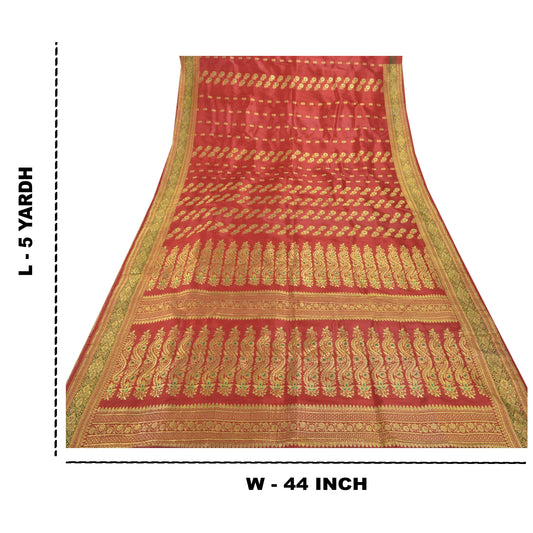 Sanskriti Vintage Heavy Red Sari Pure Satin Silk Woven Brocade Sarees Sustainable Fabric