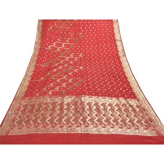 Sanskriti Vintage Red Heavy Sarees Pure Satin Silk Woven Brocade Sari Sustainable Fabric