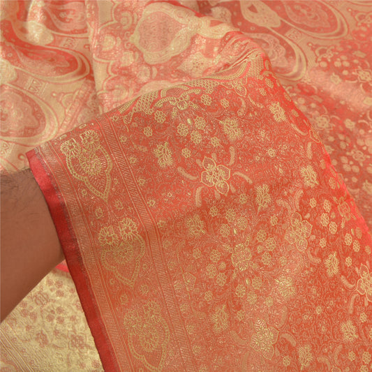 Sanskriti Vintage Peach Heavy Sarees Satin Silk Woven Brocade Sari Zari Sustainable Fabric