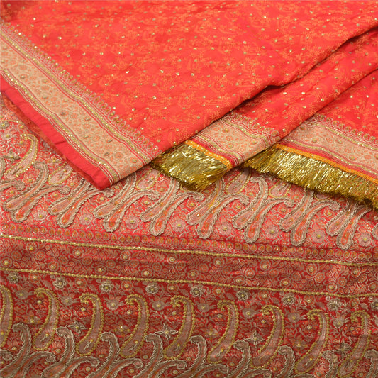 Sanskriti Vintage Heavy Sarees Pure Satin Silk Hand Beaded Brocade Sari Sustainable Fabric