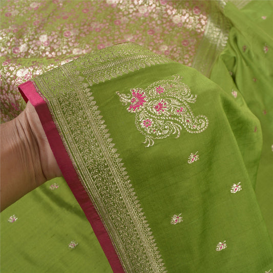 Sanskriti Vintage Green Heavy Sarees Pure Satin Silk Woven Brocade Sari Sustainable Fabric