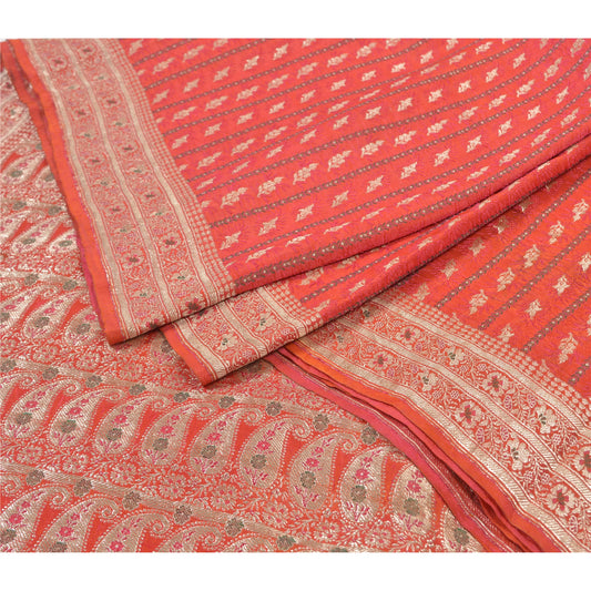 Sanskriti Vintage Heavy Sarees Pure Satin Silk Red Banarasi Tanchoi Sari Sustainable Fabric