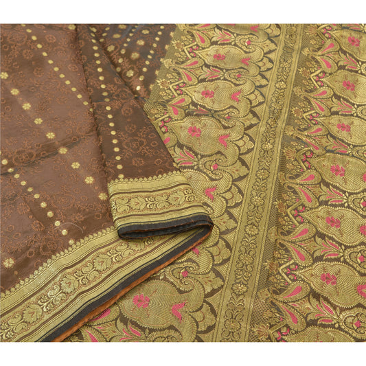 Sanskriti Vintage Heavy Brown Sarees Pure Satin Silk Woven Brocade Sari Sustainable Fabric
