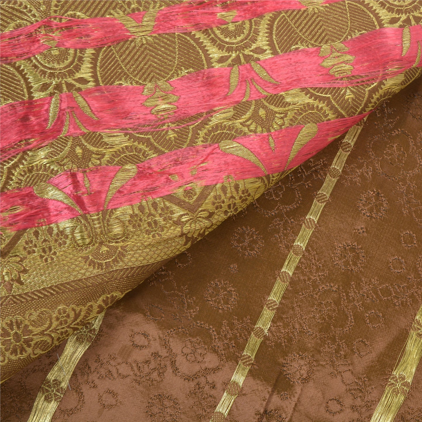 Sanskriti Vintage Heavy Brown Sarees Pure Satin Silk Woven Brocade Sari Sustainable Fabric