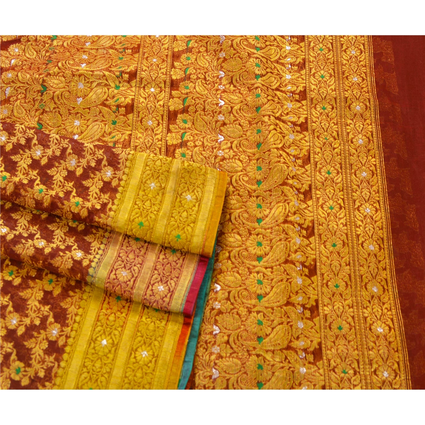 Sanskriti Vintage Brown Heavy Saree Organza Silk Banarasi Brocade Sustainable Fabric Sari
