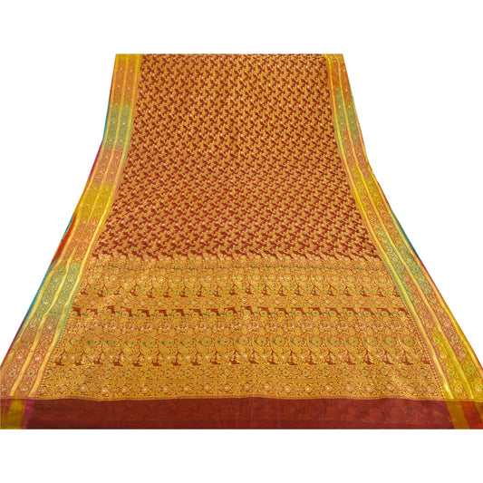 Sanskriti Vintage Brown Heavy Saree Organza Silk Banarasi Brocade Sustainable Fabric Sari
