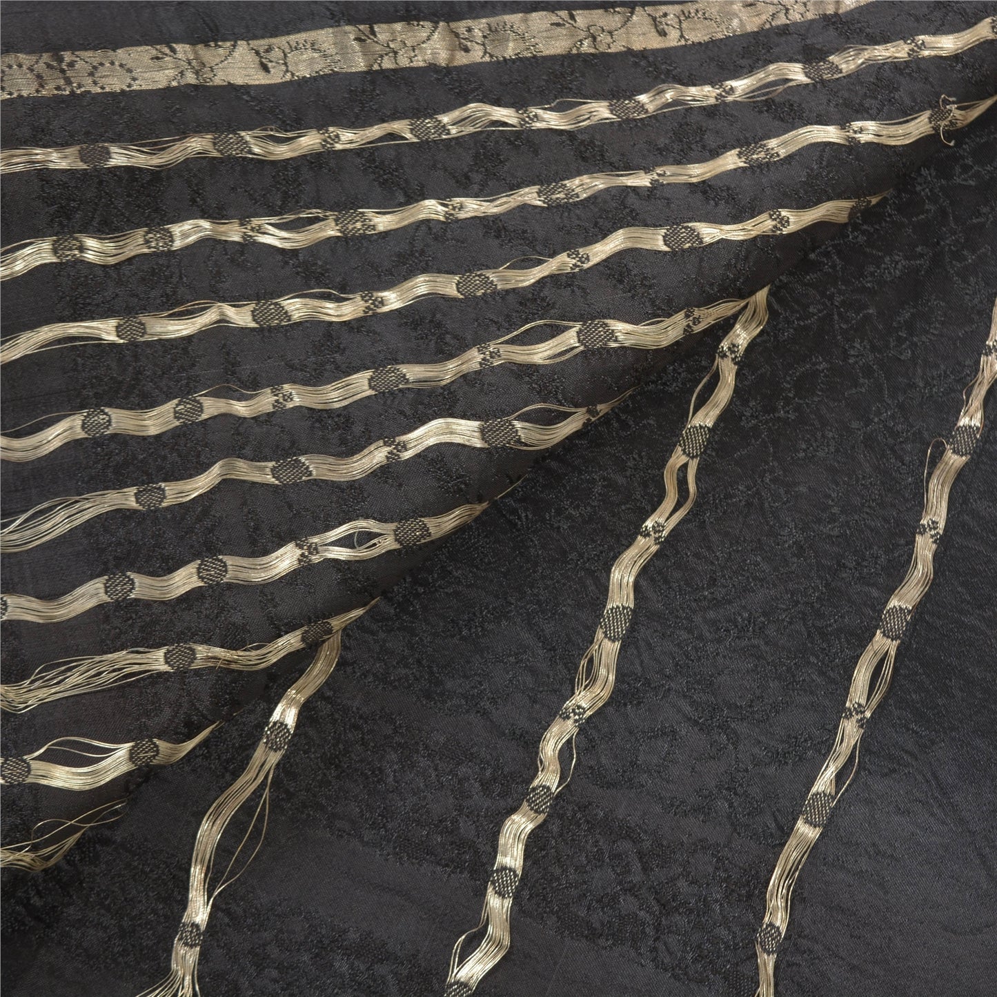 Sanskriti Vintage Heavy Black Sarees Pure Satin Silk Woven Brocade Sari Sustainable Fabric