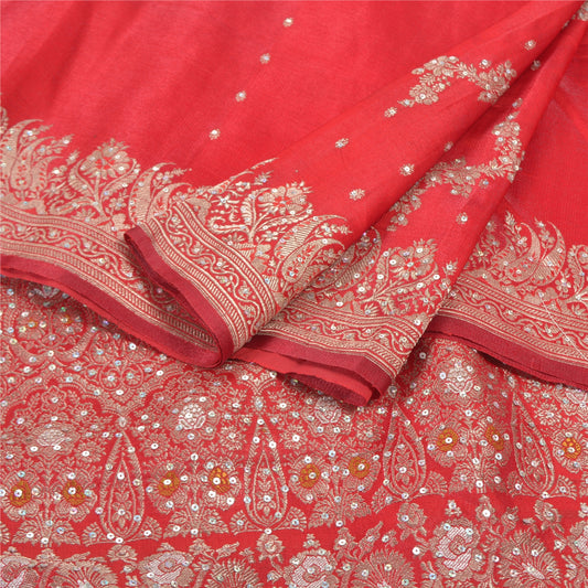 Sanskriti Vintage Red Heavy Saree Pure Satin Silk Red Brocade/Banarasi Sustainable Fabric Sa