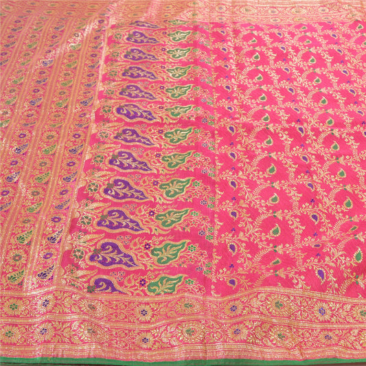 Sanskriti Vintage Heavy Pink Wedding Sarees Art Silk Banarasi Brocade Woven Sari 5 Yard Sustainable Fabric