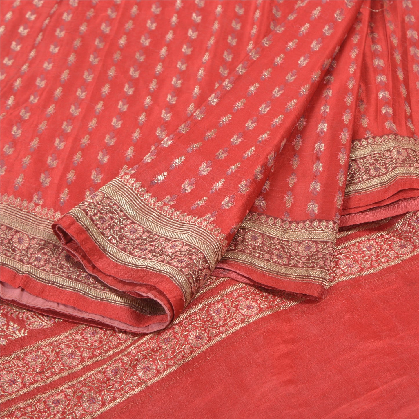 Sanskriti Vintage Sari Red 100% Pure Satin Silk Brocade : Zari Hand Woven Wedding Sarees Craft Fabric-5yd Indian Saree Heritage For Women