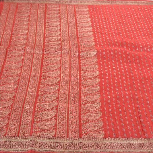 Sanskriti Vintage Red Heavy Sarees Pure Satin Silk Woven Brocade Sari Sustainable Fabric