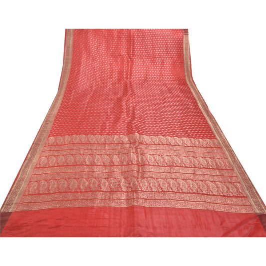 Sanskriti Vintage Røde Tunge Sarier Ren Satin Silke Vævet Brokade Sari Bæredygtigt Stof