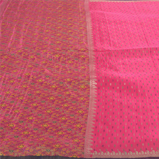 Sanskriti Vintage Pink Heavy Sarees Pure Satin Silk Woven Brocade Sari Sustainable Fabric