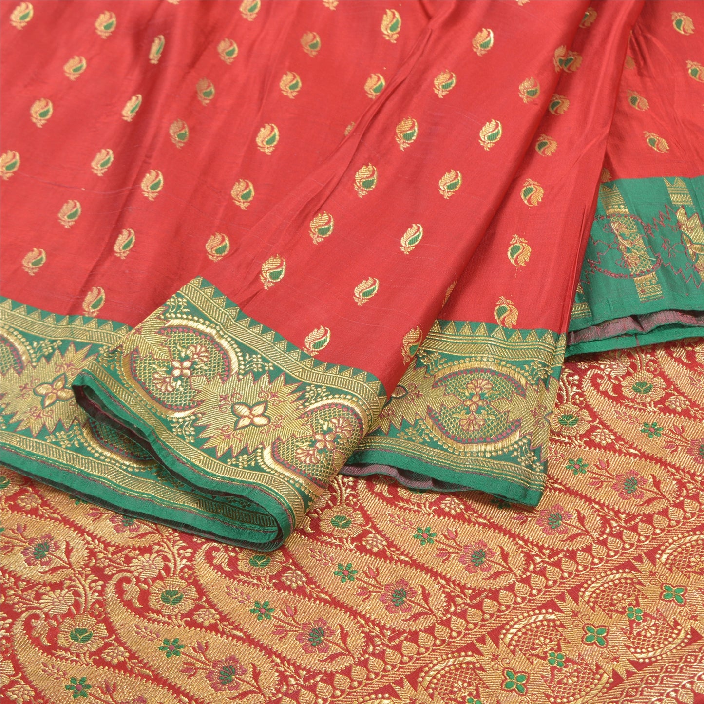 Sanskriti Vintage Red Heavy Sarees Pure Satin Silk Woven Brocade Sari Sustainable Fabric