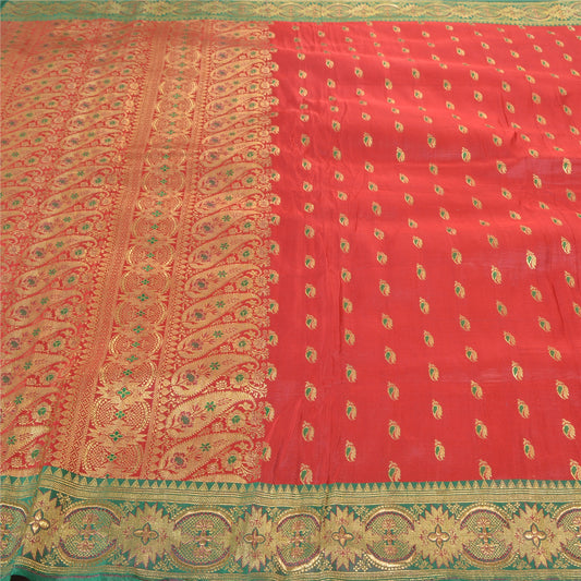 Sanskriti Vintage Red Heavy Sarees Pure Satin Silk Woven Brocade Sari Sustainable Fabric