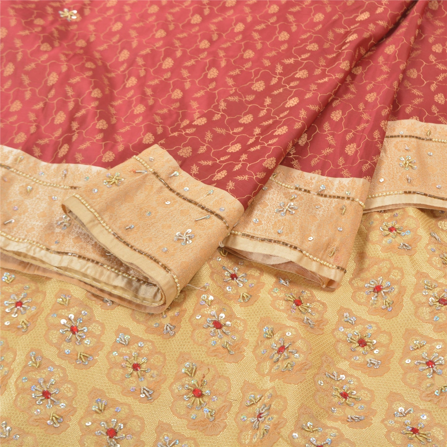 Sanskriti Vintage Indian Heavy Sarees Satin Silk Banarasi Woven Hand Beaded Sari Sustainable Fabric