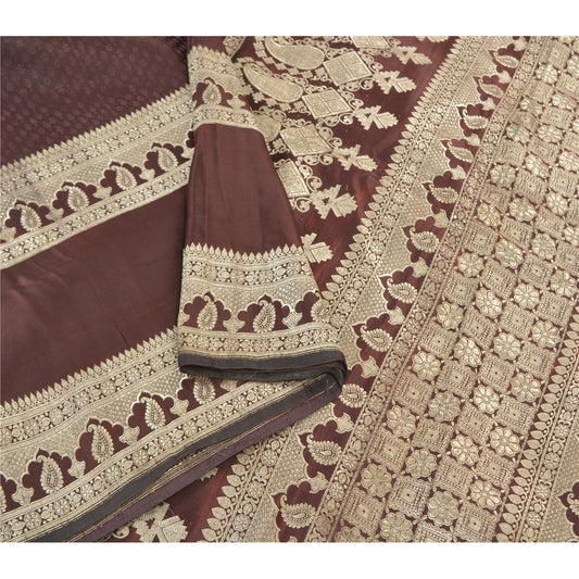 Sanskriti Vintage Brown Heavy Sarees Pure Satin Silk Brocade Zari Sari Sustainable Fabric