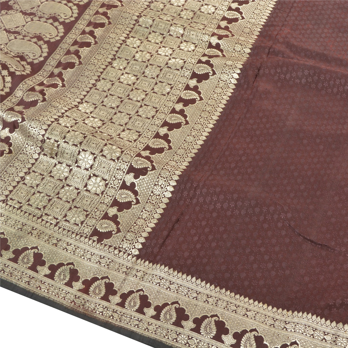 Sanskriti Vintage Brown Heavy Sarees Pure Satin Silk Brocade Zari Sari Sustainable Fabric