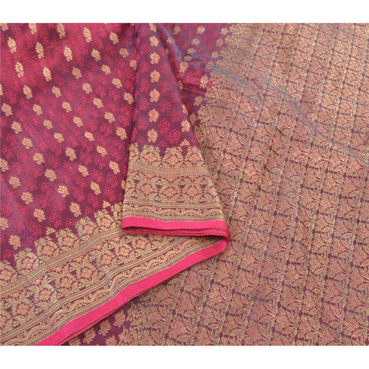 Sanskriti Vintage Magenta Heavy Sarees Blend Satin Brocade/Banarasi Sari Sustainable Fabric