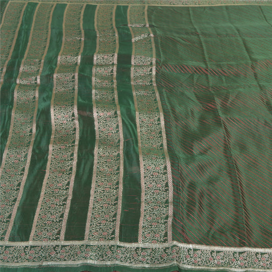 Sanskriti Vintage Green Heavy Sarees Pure Satin Silk Woven Brocade Sari Sustainable Fabric
