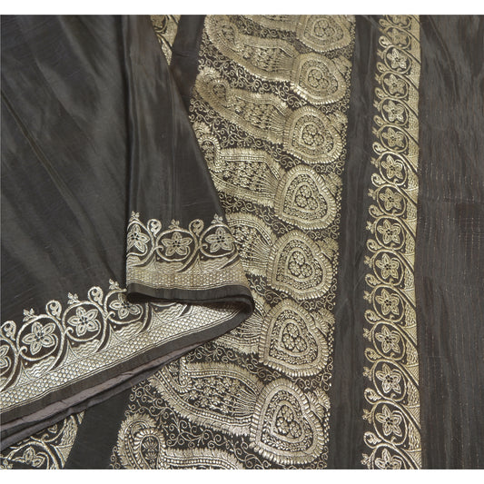 Sanskriti Vintage Black Heavy Sarees Pure Satin Silk Woven Brocade Sari Sustainable Fabric