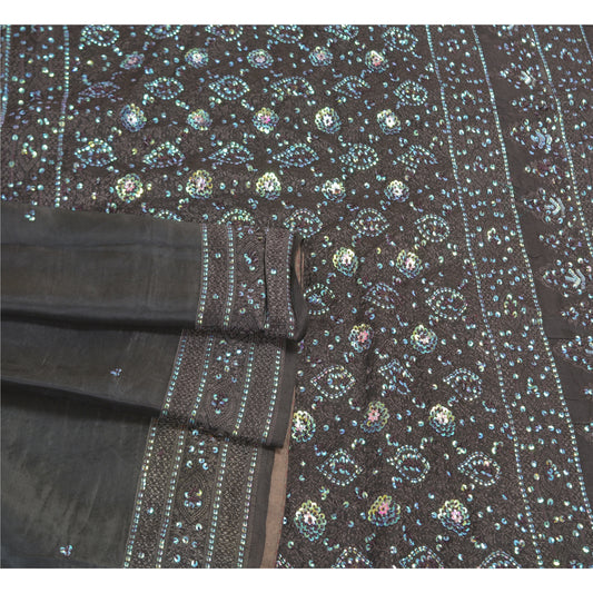 Sanskriti Vintage Sorte Tunge Sarier Ren Satin Silke Håndlavet Vævet Sari Bæredygtigt Stof