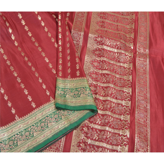 Sanskriti Vintage Heavy Dark Red Sarees Pure Satin Silk Brocade Sari Sustainable Fabric