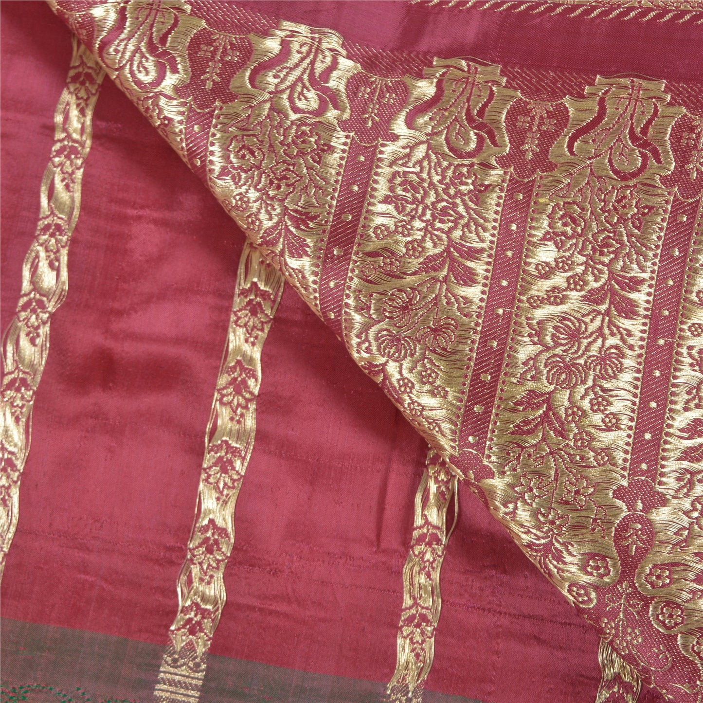 Sanskriti Vintage Heavy Dark Red Sarees Pure Satin Silk Brocade Sari Sustainable Fabric