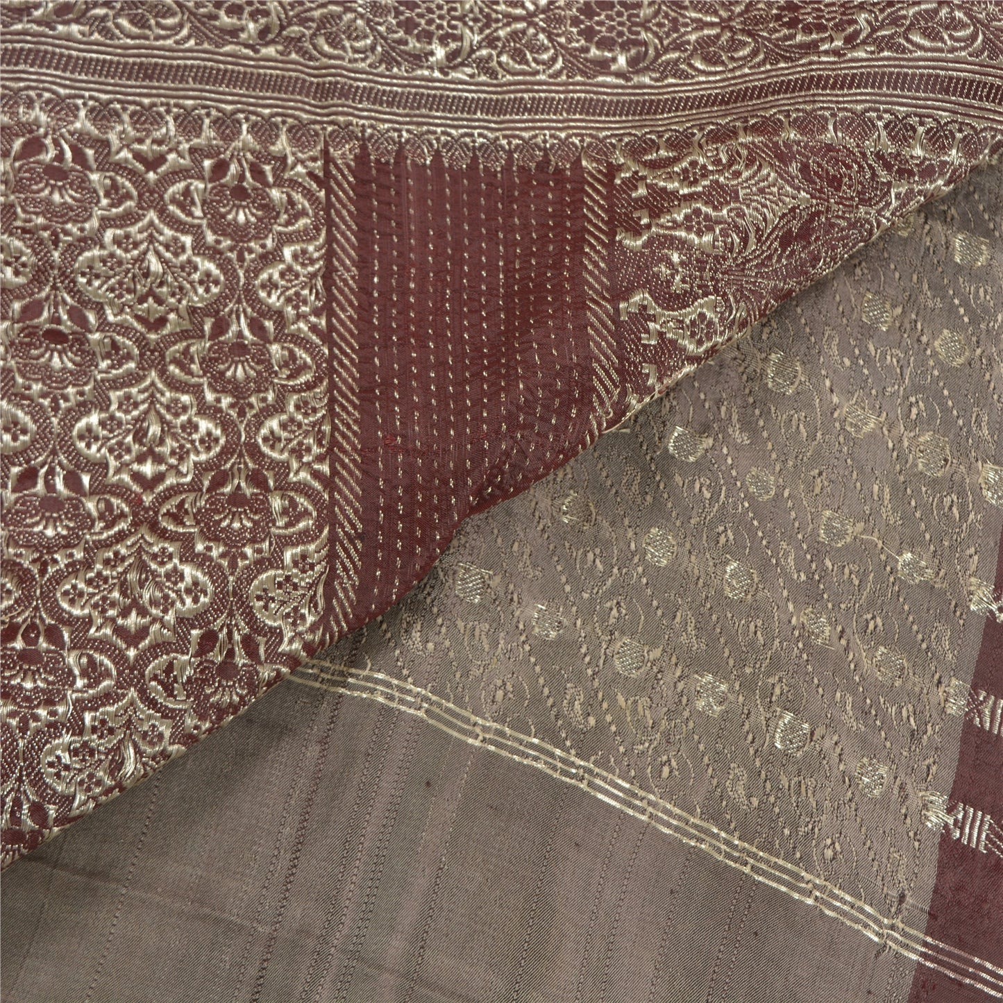 Sanskriti Vintage Dark Red Saree Pure Satin Silk Banarasi/Brocade Sari Sustainable Fabric