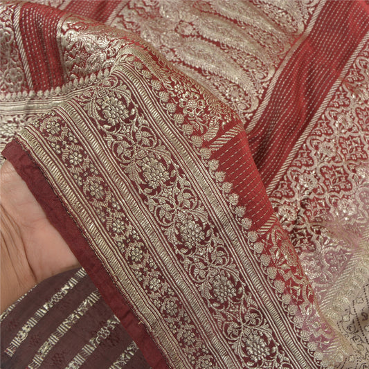 Sanskriti Vintage Dark Red Saree Pure Satin Silk Banarasi/Brocade Sari Sustainable Fabric