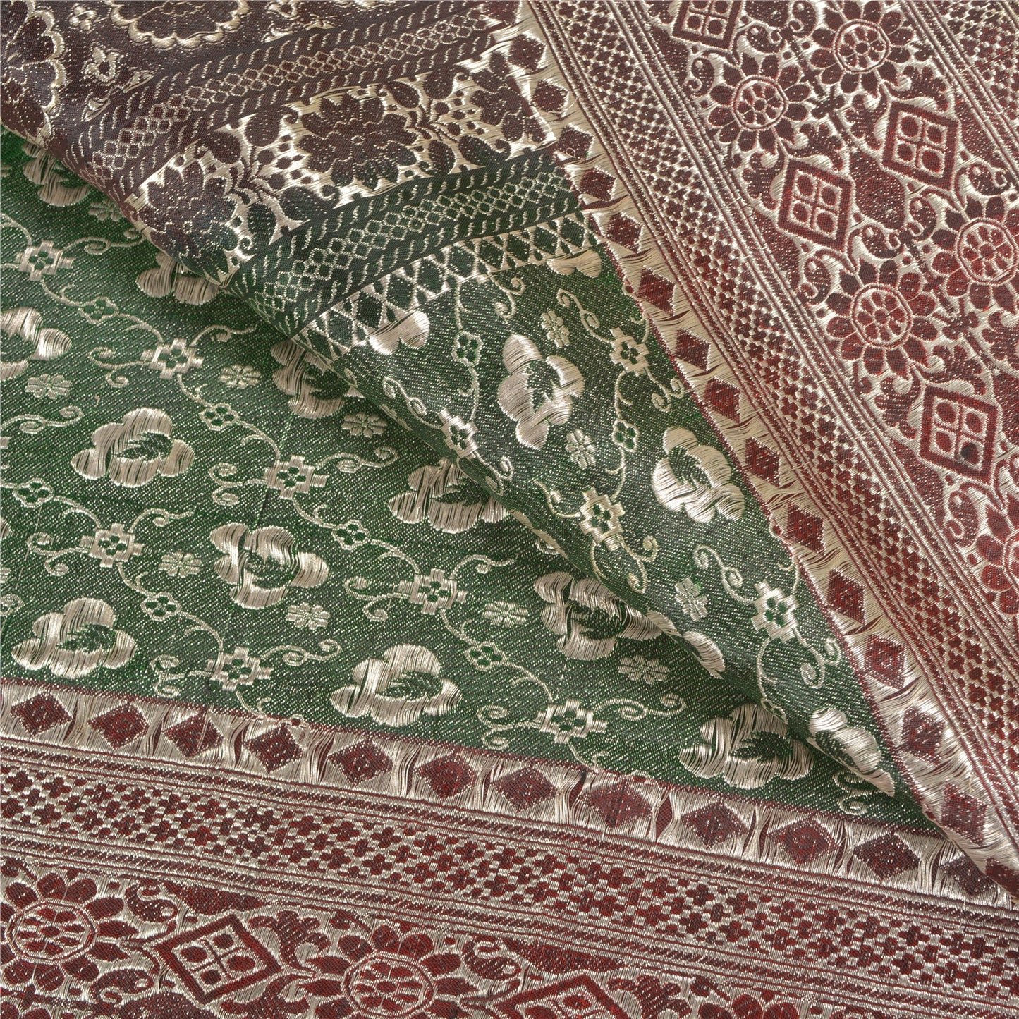 Sanskriti Vintage Heavy Green Sarees Pure Satin Silk Woven Brocade Sari Sustainable Fabric