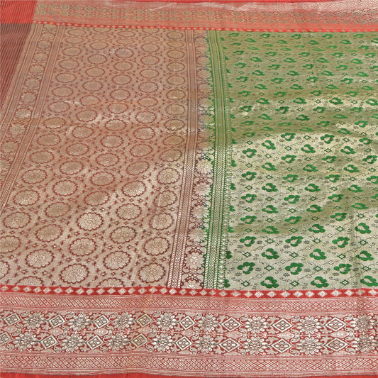 Sanskriti Vintage Heavy Green Sarees Pure Satin Silk Woven Brocade Sari Sustainable Fabric