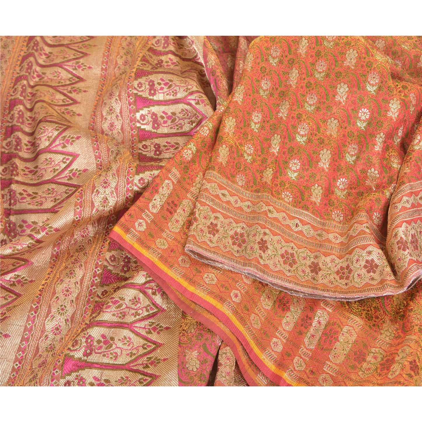Sanskriti Vintage Heavy Pink Sarees Pure Silk Woven Brocade Wedding Sari Sustainable Fabric